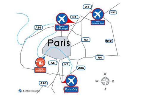 Kaart van Parijs met de locaties van de belangrijkste luchthavens (CDG, ORY, BVA) aangegeven ten opzichte van het stadscentrum.
