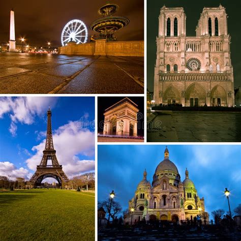 Collage van iconische Parijse bezienswaardigheden: Eiffeltoren, het Louvre, Sacré-Cœur, Arc de Triomphe.