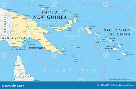 Kaart van het eiland Nieuw-Guinea met de verdeling tussen Papoea-Nieuw-Guinea en Indonesisch Papoea.
