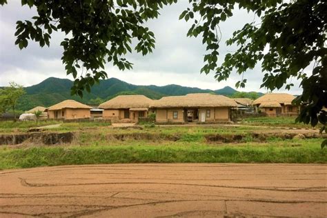 Een traditioneel Koreaans dorp (Hahoe Folk Village) met oude huizen en rijstvelden.