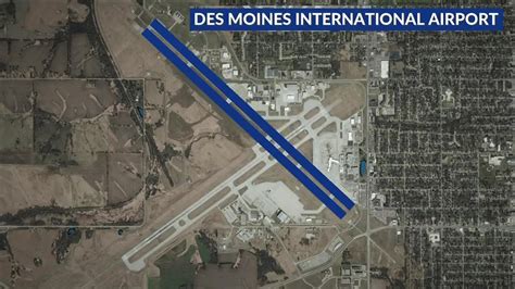 Visualisatie van de locatie van Des Moines International Airport ten opzichte van het stadscentrum.