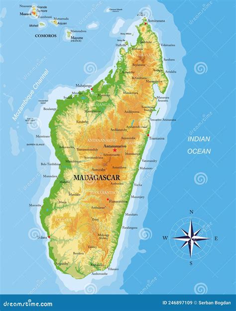 Gedetailleerde kaart van Madagaskar met belangrijke steden en luchthavens.