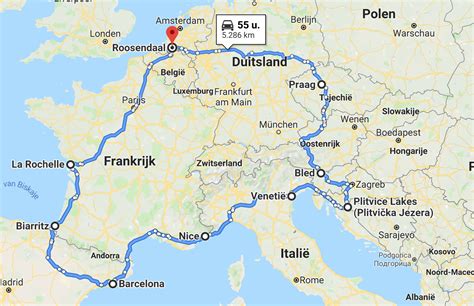 Kaart van West-Duitsland met de route van de roadtrip en de 8 genoemde locaties.