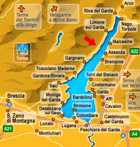 Kaart van het Gardameer met Bardolino gemarkeerd