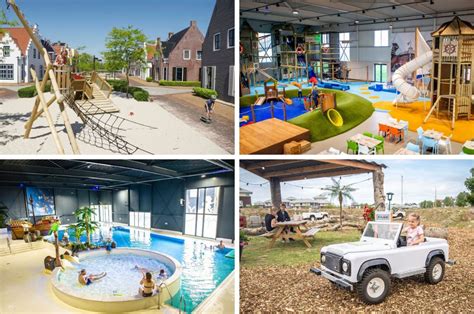 Illustratie van een modern vakantiepark met diverse faciliteiten zoals een zwembad en speeltuin.