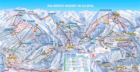 Kaart van het skigebied Zillertal 3000 met de verschillende deelgebieden en pistes.
