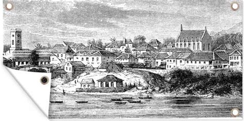 historische illustratie van bouwhuisjes op het strand