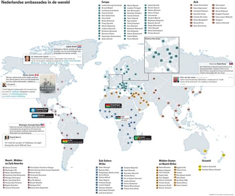 Informatiekaart met de locaties van Nederlandse ambassades en consulaten wereldwijd.