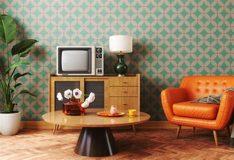 Illustratie van een gezellig ingericht vakantiehuisje uit de jaren 70 met retro meubels en decoraties.