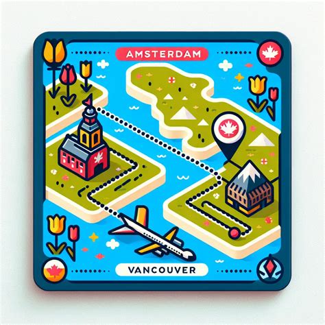 Kaart die de directe en indirecte vluchtroutes van Amsterdam naar Vancouver toont.