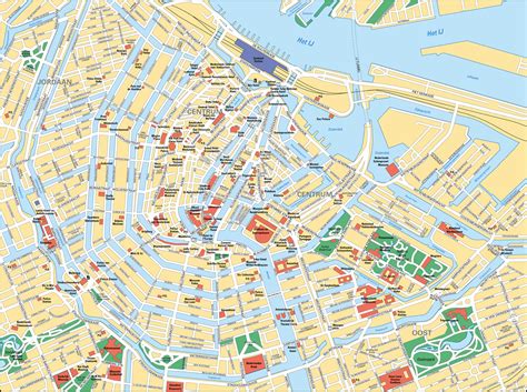 Een kaart van Amsterdam met markeringen op populaire attracties en gratis bezienswaardigheden.