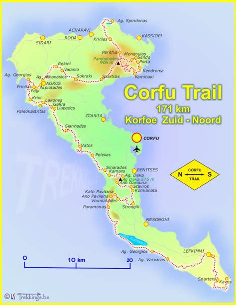 Een kaart met de route van de Corfu Trail, die de lengte van het eiland volgt.