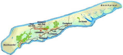 Kaart van Terschelling met de locatie van Midsland Noord en de nabijgelegen natuurgebieden en het strand