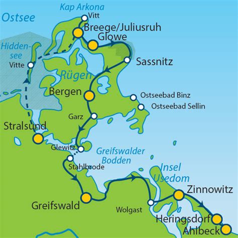 Kaart van de Duitse Oostzeekust met de eilanden Rügen en Usedom.
