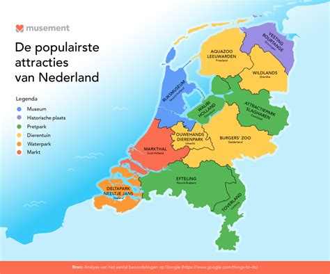 een kaart van Nederland met daarop de locaties van grote attractieparken