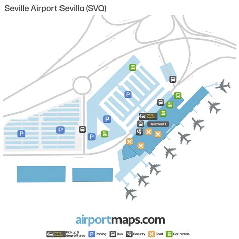 Luchthaven van Sevilla (SVQ) met aangegeven terminal en locatie ten opzichte van de stad