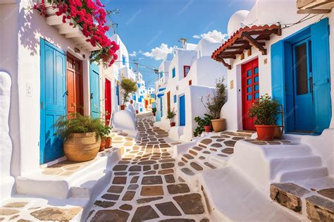 Kleurrijke huizen die tegen de helling van Santorini opbouwen met de blauwe zee op de achtergrond.