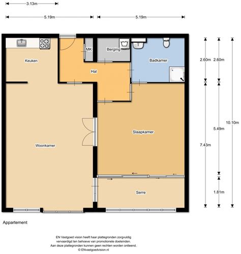 Plattegrond van het appartement met indeling van de kamers