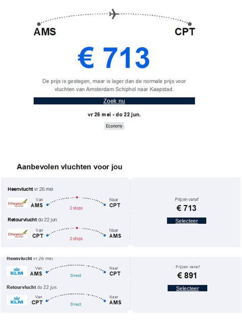 Een screenshot van een website met een prijsalarm-instelling voor vluchten.