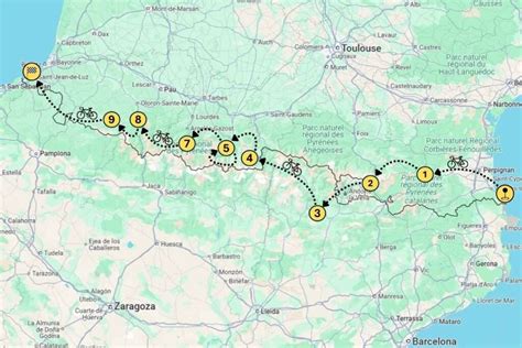 Overzichtskaart van de Pyreneeën met markering van verschillende campings.