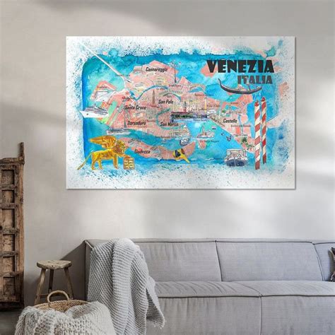 Kaart van Venetië met de belangrijkste bezienswaardigheden en vaporetto-routes gemarkeerd.