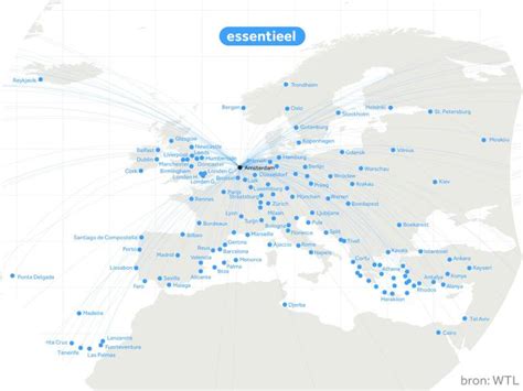 Kaart van Europa met de belangrijkste bestemmingen vanaf Schiphol, aangegeven met lijnen en markeringen