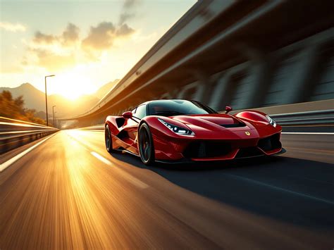 Een rode Ferrari rijdt over een moderne snelweg in Dubai