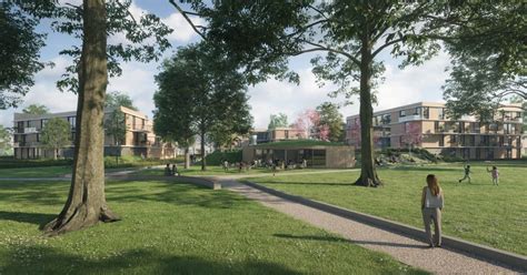 artistieke impressie van de parkachtige omgeving van De Hooge Vlucht in Ede