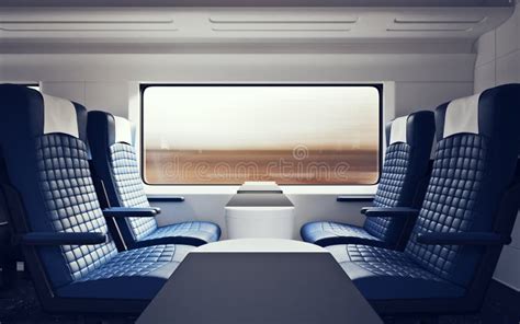 Interieur van een moderne trein met comfortabele stoelen en tafels