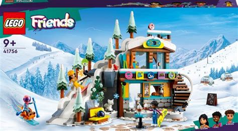 Illustratie van de LEGO Friends Wintersport skilift-set met alle speelonderdelen, poppetjes en dieren.