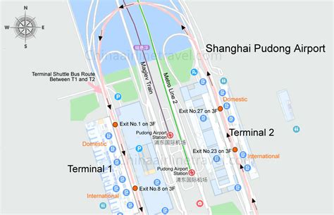 Plattegrond van Shanghai Pudong International Airport met aanduiding van terminals, vervoersopties en faciliteiten