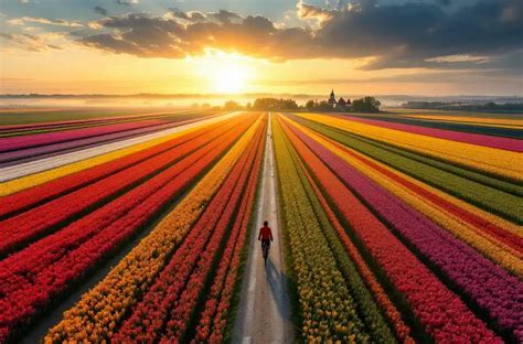 Panoramisch uitzicht op Nederlandse tulpenvelden