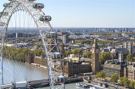 Panoramisch uitzicht op de London Eye en de Theems vanaf de South Bank.