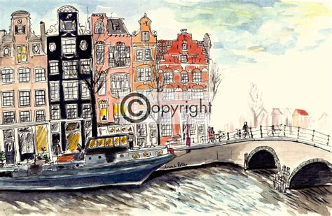 Illustratie van een typische Amsterdamse gracht met woonboten