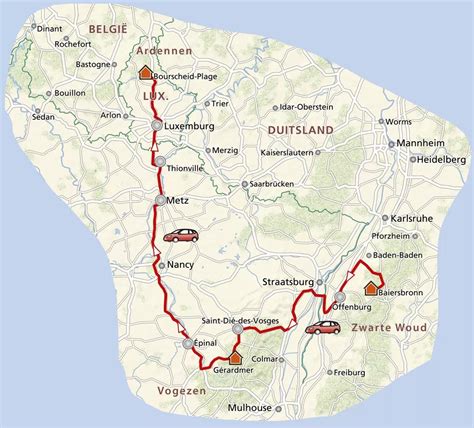 Kaart van Europa met de route van de rondreis Vlaanderen, Luxemburg, Vogezen, Elzas en Zwarte Woud