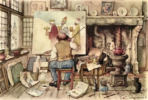 Artistieke ontwerptekening van Anton Pieck voor de Vliegende Fakir, met de paleistorens en de fakir op zijn tapijt.