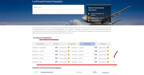 Screenshot van de eDreams website met zoekresultaten voor vluchten.