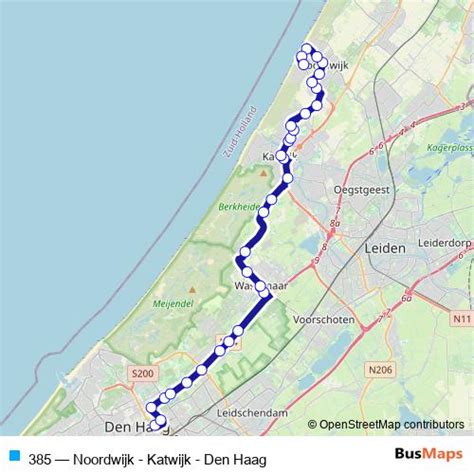 Routekaart van buslijn 385, die Noordwijk, Katwijk en Den Haag met elkaar verbindt.
