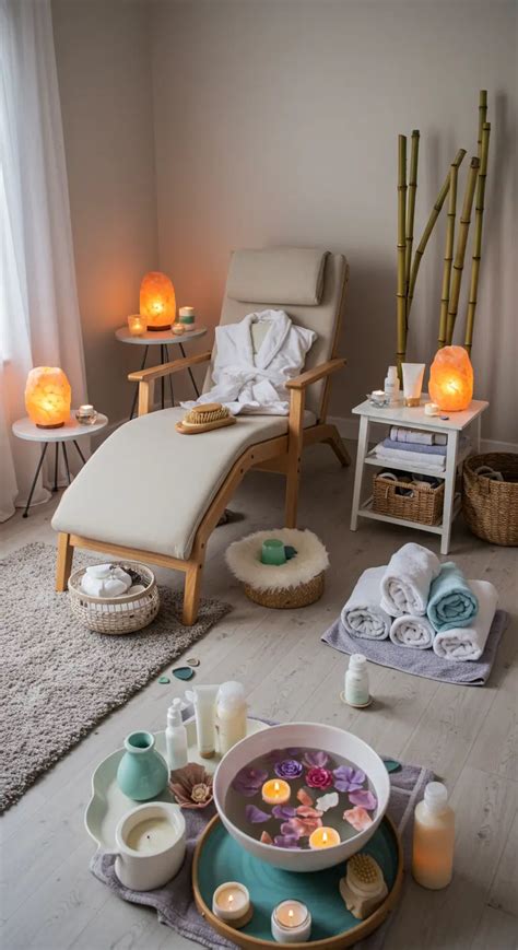 Serene spa-omgeving met een massagebed, kaarsen en ontspannende muziek.