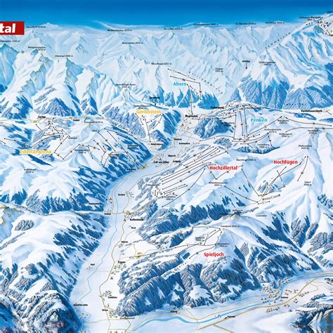 Kaart van het Zillertal met de verschillende skigebieden en de Hintertuxer Gletscher gemarkeerd