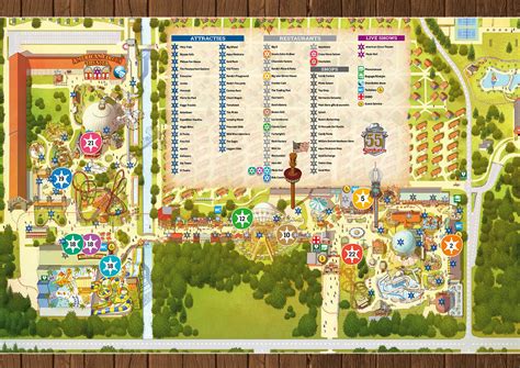 Plattegrond van Attractiepark Slagharen met aanduiding van attracties, shows, restaurants en Aqua Mexicana.