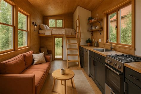 Interieur van een tiny house met een slimme indeling, keukenblok en hoogslaper.