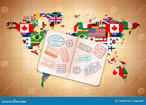 Illustratie van een paspoort en een wereldkaart met Senegal gemarkeerd