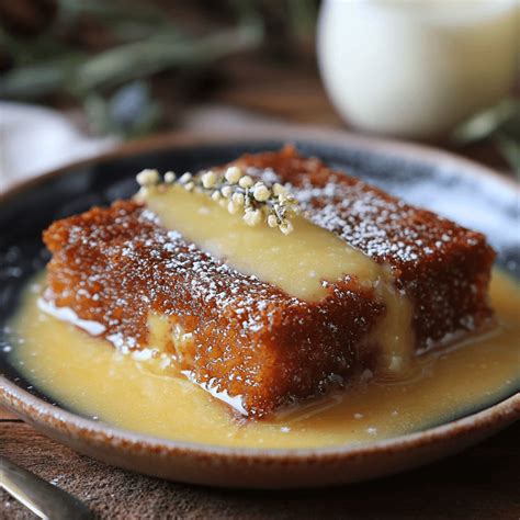 Een stuk Malva Pudding met saus