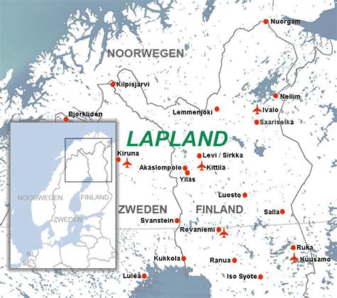 Kaart van Fins Lapland met de belangrijkste skigebieden gemarkeerd