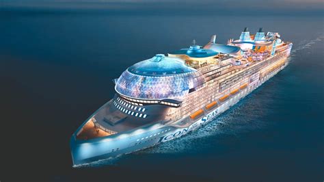 Illustratie van een luxe cruiseschip dat de haven verlaat bij zonsopgang.