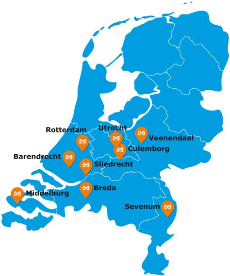 Kaart van Nederland met de locaties van Broekhuis Autoverhuur vestigingen gemarkeerd.
