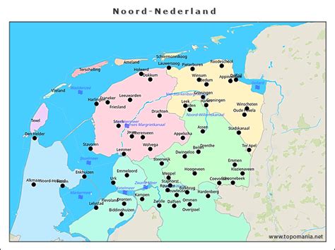 Plattegrond van Noord-Nederland met markeringen van de te bezoeken attracties.