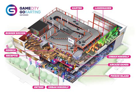 Overzicht van diverse activiteiten aangeboden bij Gamecity, waaronder lasergamen en urban minigolf.
