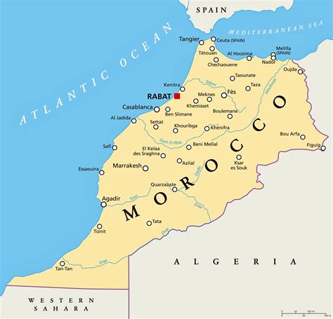 Kaart van Marokko met locaties van VFS Global kantoren in Rabat en Nador